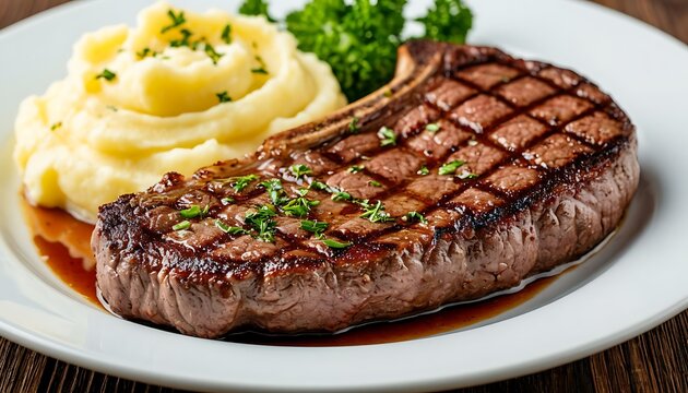 Succulent grilled ribeye steak with perfect grill marks, complimented by creamy mashed potatoes and fresh parsley on a white plate