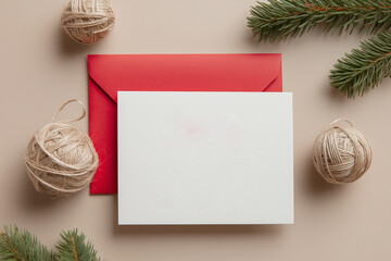 A flat lay of a red envelope, a blank white card, and twine balls on a neutral background, accented with pine branches, evoking a festive atmosphere.