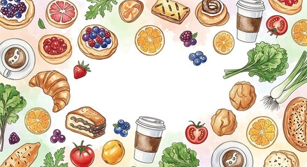 Artistic food frame with coffee pastries and fresh fruits vegetables