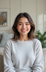 Portrait of a smiling American woman at home, a modern setting