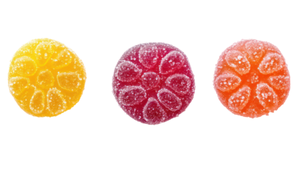 Three oval shaped hard candies in yellow red and orange isolated on transparent background