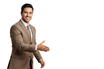 A smiling man in a brown suit with a white shirt and a striped tie, extending his hands out, against transparent background