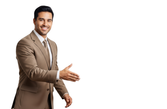 A smiling man in a brown suit with a white shirt and a striped tie, extending his hands out, against transparent background