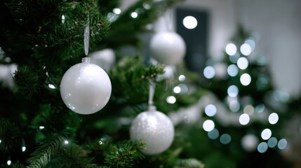 Many elegant white round Christmas ornaments hanging on a Christmas tree.
