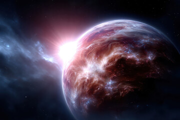 Obraz premium Distant planet orbiting a luminous star in a vibrant cosmic landscape