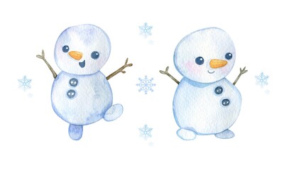 Cute Watercolor Snowmen Duo Isolated on White Background Illustration Vector 300 DPI. Soft watercolor snowman characters, playful and adorable, ideal for holiday cards and decor.