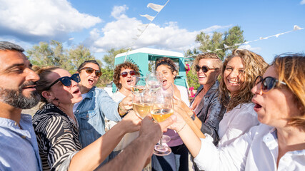 Diverse friends cheering glasses of white wine outdoors