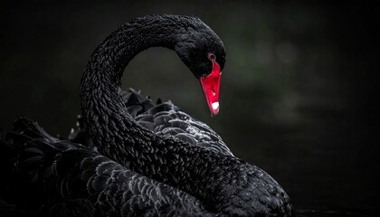 A black swan with a red beak gracefully curves its neck in a dark and moody aquatic setting