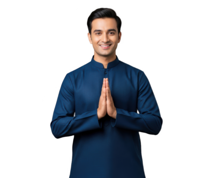 A smiling man in a blue kurta with his hands clasped in prayer, against transparent background