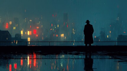 Mystery and Noir illustration A man standing on a rainy rooftop city lights blurred in the background Man lifestyle