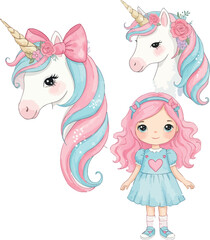 Fototapeta premium Enchanting unicorns and cute girl whimsical fantasy characters digital art collection