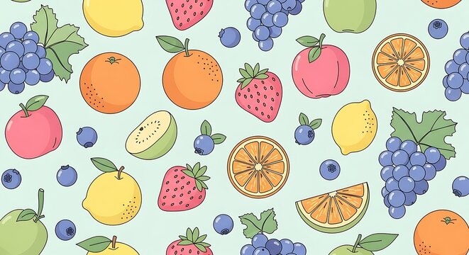 Colorful fruit pattern background with apples oranges lemons and grapes design