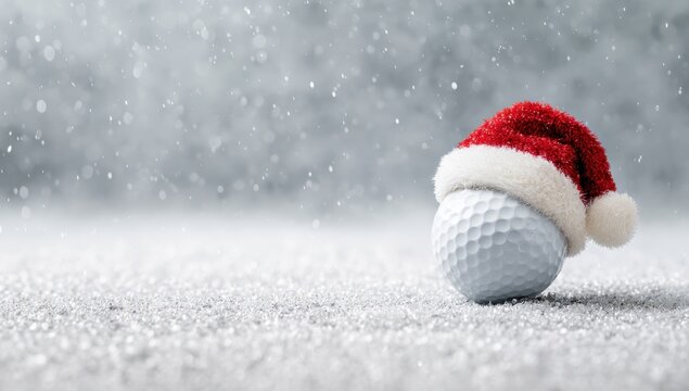 A golf ball with a Christmas hat on snow.	