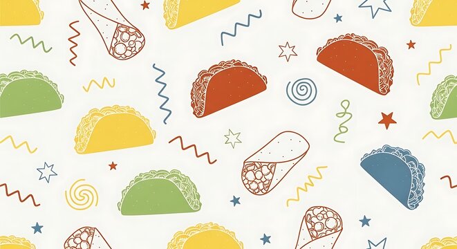 Colorful seamless pattern with tacos burritos stars and abstract shapes food