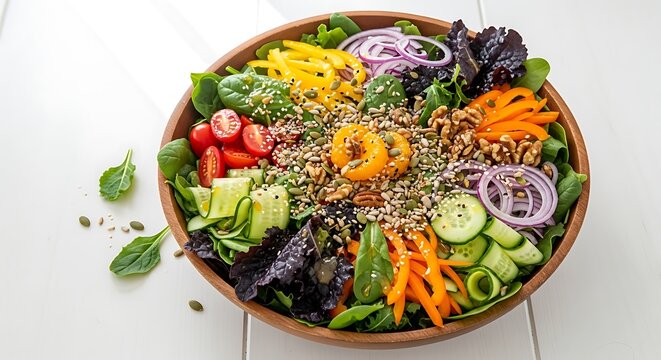Colorful vegetarian salad bowl with fresh vegetables seeds and fruits