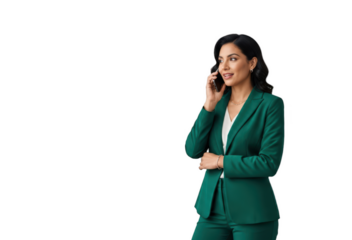 A woman in a green suit talking on a phone while standing with her arms crossed, against transparent background