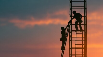 Construction workers helping each other climb a ladder at sunset