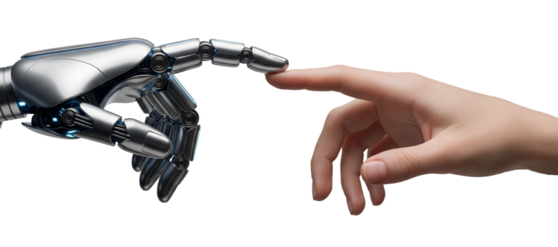 A robotic hand and a human hand touching fingertips symbolizing artificial intelligence connection