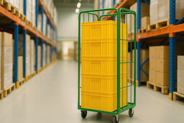 Stacked yellow plastic crate in green rolling cage trolley inside an industrial warehouse. clean and modern logistics aisle scene showing commercial storage workflow