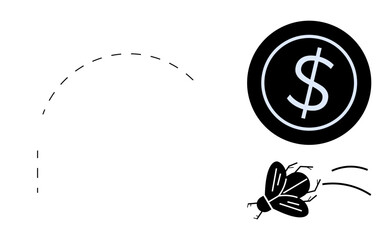 Coin with dollar sign suggests currency, while a flying insect represents fleeting wealth. Ideal for finance, investment, debt, economy, savings, budgeting risk. Simple flat metaphor