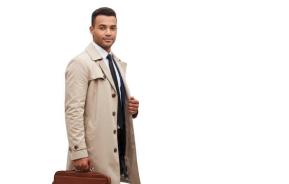 A man in a trench coat holding a briefcase, standing confidently, against transparent background