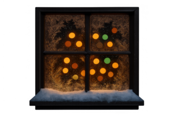 Frosted winter window with sparkling christmas lights, snow on sill, creating a festive holiday atmosphere at night