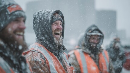 Naklejka premium Happy construction workers laughing in a snowstorm, wearing safety vests and winter gear