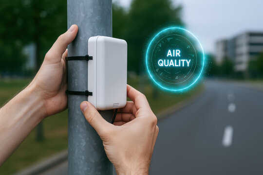 Air quality monitoring device installation pole represents machine learning concept applied across industries for environmental data analysis