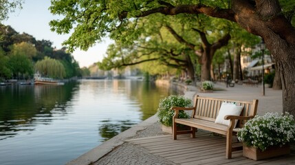 Obraz premium Tranquil Wooden Park Bench Overlooking Reflecting Waterway Lined With Lush Green Trees On A Sunny Day