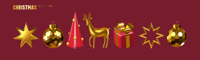 Set of 3D Christmas decorations with golden bauble, red cone tree, reindeer, gift box with ribbon and stars. Elegant festive elements for winter New Year holiday design. Vector illustration.