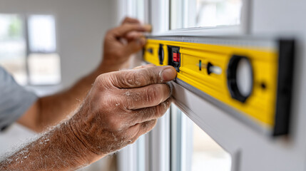 clouse up Worker checking door alignment with spirit level. A carpenter checks vertical alignment on a new white interior door using a bright yellow level. The frame captures gentl