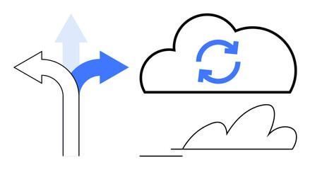 Arrows pointing in different directions symbolize decision-making. Cloud icon with sync arrows represents data synchronization. Ideal for technology, direction, strategy, updates, cloud computing