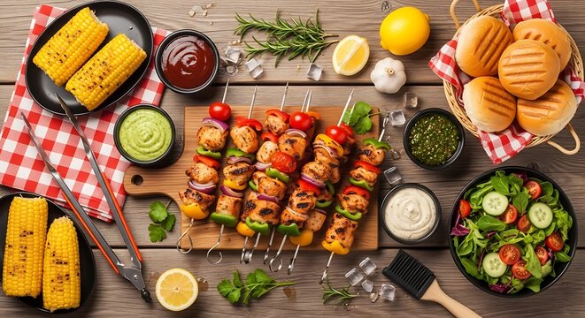 Delicious chicken skewers served with salad and corn on the cob - Powered by Adobe