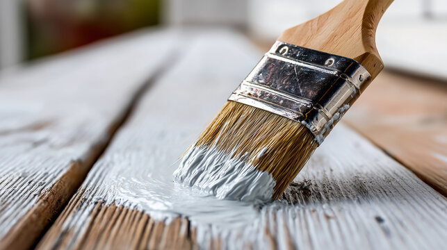 Painting new wooden door with brush. A close-up of a paintbrush gliding across a wooden door surface with wet, glossy paint. The light is soft and diffused, showing authentic strok