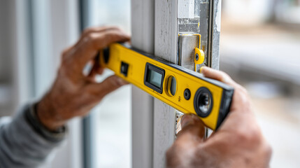 clouse up Worker checking door alignment with spirit level. A carpenter checks vertical alignment on a new white interior door using a bright yellow level. The frame captures gentl