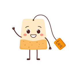 Tea bag cute character cartoon hand greeting smiling face happy joy vector illustration.
