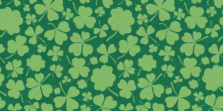 Shamrock or green clover leaves pattern background flat design vector illustration. St Patrick Day shamrock symbols decorative elements horizontal pattern texture.