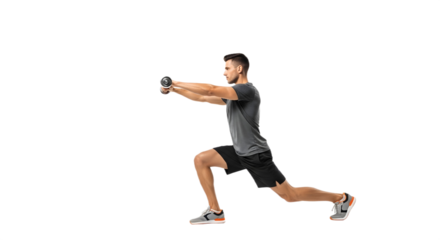 Man doing lunges while holding dumbbells in front of his body