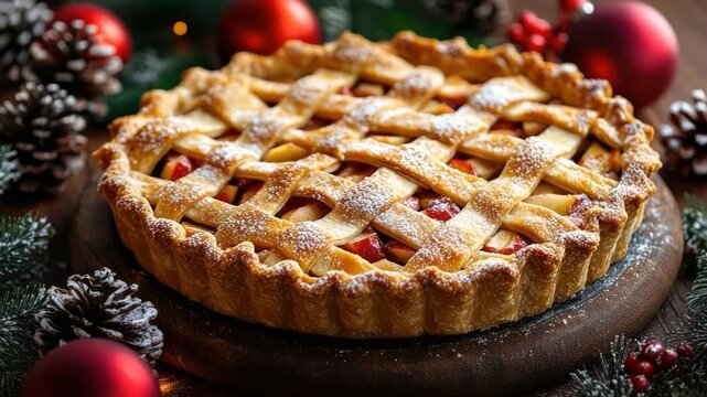 Round apple pie with lattice top crust dusted with icing sugar is placed on wooden plate on christmas decorated table with pine cones, red christmas balls and copy space
