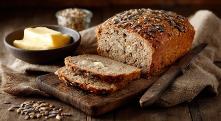 A loaf of whole-grain bread with slices cut.
