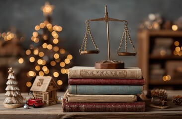 Christmas scene with scales and colorful books