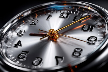 Close-up of a modern clock showcasing metallic details and golden accents during the evening