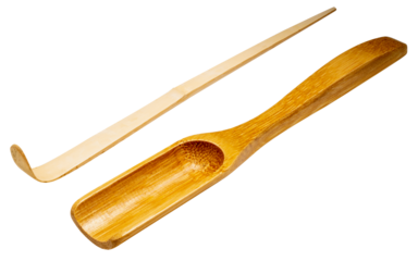 Japanese tea ceremony utensils isolated on white with clipping path. Traditional bamboo tools for matcha preparation, including chashaku and chasaji PNG File.