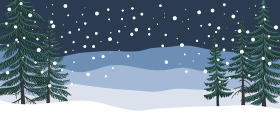 Fototapeta premium vector drawing winter landscape with snow and fir trees, hand drawn illustration,cover background