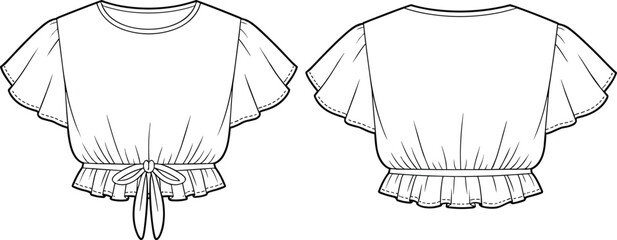 Short sleeve ruffle hem crop top with waist tie flat sketch, women blouse fashion cad drawing, stylish apparel vector design illustration