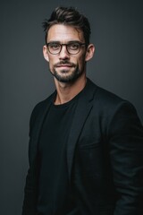 Obraz premium A confident young man with glasses dressed in a black blazer and black shirt.