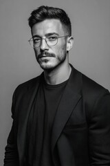 Fototapeta premium A confident young man with glasses dressed in a black blazer and black shirt.