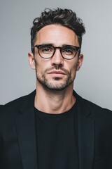 Obraz premium A confident young man with glasses dressed in a black blazer and black shirt.