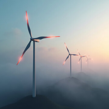 Stsena s medlenno vrashchayushchimisya svetyashchimisya turbinami na fone tumannogo utrennego peyzazha, stilizovannyy 3D 3D-render ruk (stilizovannaya geometricheskaya forma), nezhno derzhashchikh ma