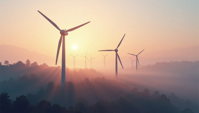 Stsena s medlenno vrashchayushchimisya svetyashchimisya turbinami na fone tumannogo utrennego peyzazha, stilizovannyy 3D 3D-render ruk (stilizovannaya geometricheskaya forma), nezhno derzhashchikh ma